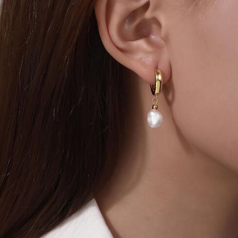 Pearl Earrings for Women 14K Gold Freshwater Pearl Huggie Hoop Earring Dangle Drop Wedding Earrings Bridal Bridesmaid Jewelry Gifts for Women in Saudi Arabia