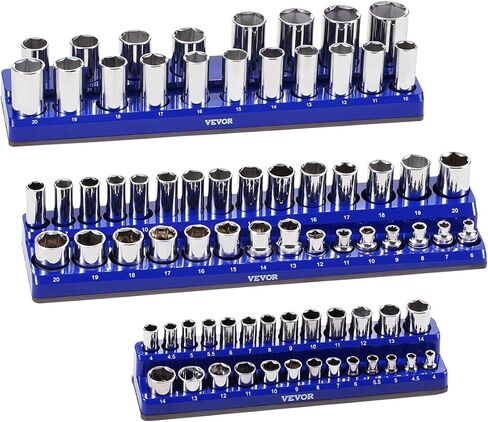 VEVOR Magnetic Socket Organizer Set, 3PCS Magnetic Socket Holder, 1/4'', 3/8'' & 1/2'' Metric Socket Trays with Clear Labels, Hold up to 75PCS Standard & Deep Sockets, Blue (Sockets Not Included) in Saudi Arabia