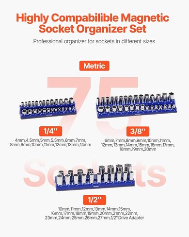 VEVOR Magnetic Socket Organizer Set, 3PCS Magnetic Socket Holder, 1/4'', 3/8'' & 1/2'' Metric Socket Trays with Clear Labels, Hold up to 75PCS Standard & Deep Sockets, Blue (Sockets Not Included) in Saudi Arabia
