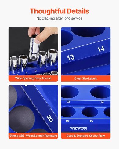 VEVOR Magnetic Socket Organizer Set, 3PCS Magnetic Socket Holder, 1/4'', 3/8'' & 1/2'' Metric Socket Trays with Clear Labels, Hold up to 75PCS Standard & Deep Sockets, Blue (Sockets Not Included) in Saudi Arabia