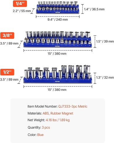 VEVOR Magnetic Socket Organizer Set, 3PCS Magnetic Socket Holder, 1/4'', 3/8'' & 1/2'' Metric Socket Trays with Clear Labels, Hold up to 75PCS Standard & Deep Sockets, Blue (Sockets Not Included) in Saudi Arabia
