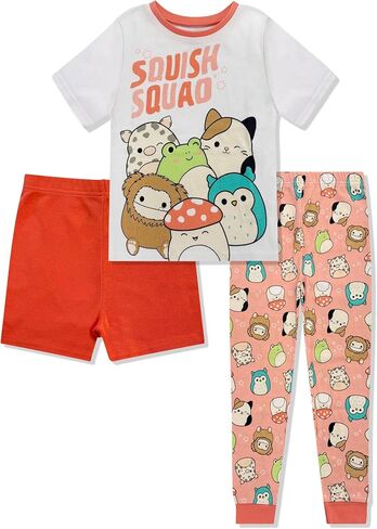 Squishmallows Girls Pajama Set - 3 Piece Pants, T-Shirt & Shorts - Cotton Sleepwear PJ Set for Kids - Official License in Kuwait