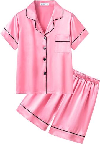 CYCHELRY Big Girls Satin Pajamas Summer Short Sleeve Button Down Silky Nighty PJS 2PCS Sleepwear Set Size 8-16 in Saudi Arabia