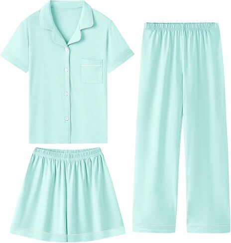 QZH.Duao Girls 100 ٪ Cotton 3pcs Pajama مجموعات زر أسفل الأكمام قصيرة السراويل الطويلة مع سروال سراويل للنوم للأعمار 5-14 in Kuwait