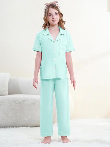 QZH.Duao Girls 100 ٪ Cotton 3pcs Pajama مجموعات زر أسفل الأكمام قصيرة السراويل الطويلة مع سروال سراويل للنوم للأعمار 5-14 in Kuwait