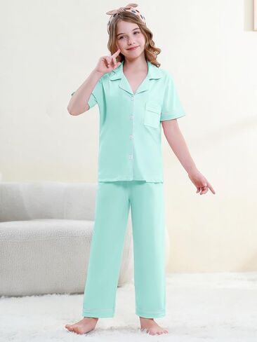 QZH.Duao Girls 100 ٪ Cotton 3pcs Pajama مجموعات زر أسفل الأكمام قصيرة السراويل الطويلة مع سروال سراويل للنوم للأعمار 5-14 in Kuwait