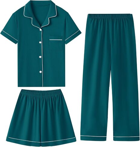QZH.Duao Girls 100 ٪ Cotton 3pcs Pajama مجموعات زر أسفل الأكمام قصيرة السراويل الطويلة مع سروال سراويل للنوم للأعمار 5-14 in Kuwait