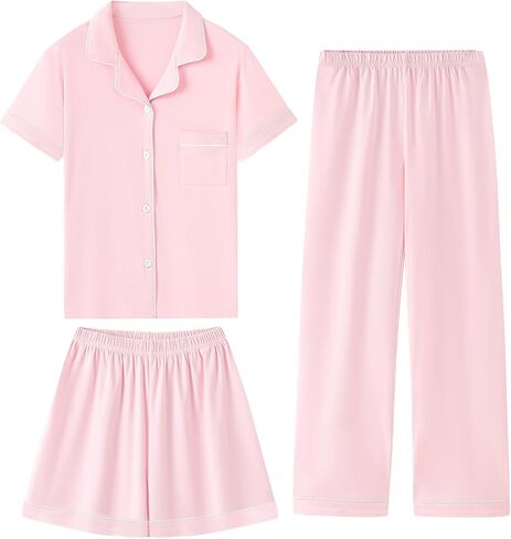 QZH.DUAO Girls 100% Cotton 3pcs Pajama Sets Button Down Short Sleeve Long Pants With Shorts Sleepwear for Ages 5-14 in Kuwait