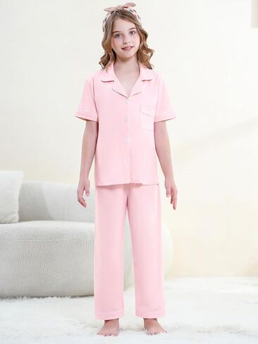 QZH.DUAO Girls 100% Cotton 3pcs Pajama Sets Button Down Short Sleeve Long Pants With Shorts Sleepwear for Ages 5-14 in Kuwait
