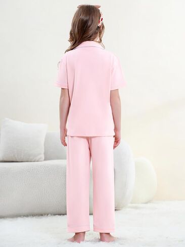 QZH.DUAO Girls 100% Cotton 3pcs Pajama Sets Button Down Short Sleeve Long Pants With Shorts Sleepwear for Ages 5-14 in Kuwait