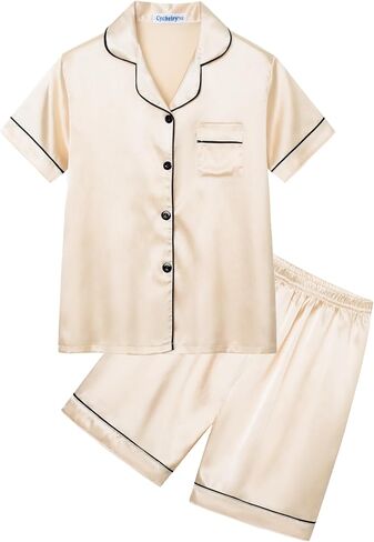 CYCHELRY Big Girls Satin Pajamas Summer Short Sleeve Button Down Silky Nighty PJS 2PCS Sleepwear Set Size 8-16 in Saudi Arabia