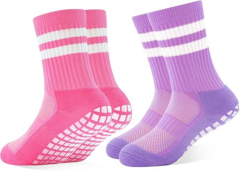 ELUTONG Girls Socks with Grip Youth Kids Athletic Non Slip Sock Striped Soccer Grippy Crew Socks for 7-16 Years in Saudi Arabia