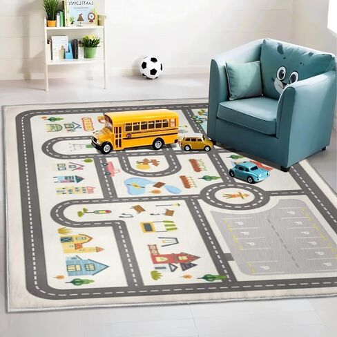 5x7ft Kids Town Road Play Rug - Non-Slip Acrylic Carpet with Interactive City Map Design, Educational Toy Vehicle Mat for Kids, Bedroom Playroom Nursery Gift. in Saudi Arabia