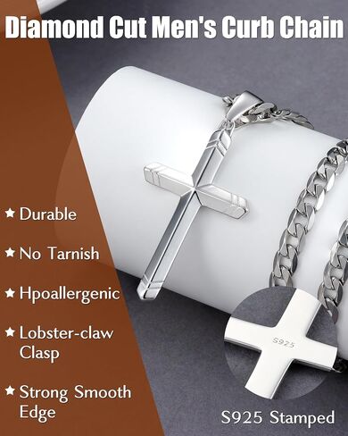 Besteel 925 Sterling Silver Cross Necklace for Men Women, 5MM Durable Stainless Steel Diamond Cut Cuban Link Curb Chain with Silver Cross Pendant, Mens Cross Crucifix Necklaces Jewelry 16-30 Inches in Kuwait