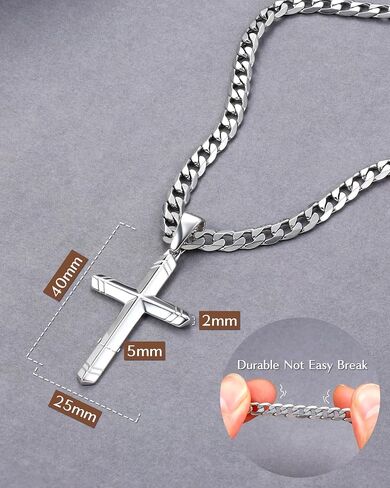 Besteel 925 Sterling Silver Cross Necklace for Men Women, 5MM Durable Stainless Steel Diamond Cut Cuban Link Curb Chain with Silver Cross Pendant, Mens Cross Crucifix Necklaces Jewelry 16-30 Inches in Kuwait