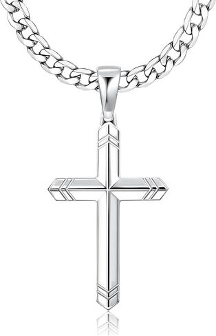 Besteel 925 Sterling Silver Cross Necklace for Men Women, 5MM Durable Stainless Steel Diamond Cut Cuban Link Curb Chain with Silver Cross Pendant, Mens Cross Crucifix Necklaces Jewelry 16-30 Inches in Kuwait