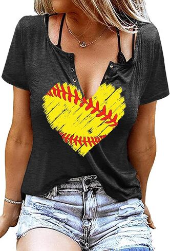 Baseball Shirt Women: Game Day Shirts Baseball V Neck Tshirt Gameday T Shirt Baseball Short Sleeve Tops in Saudi Arabia