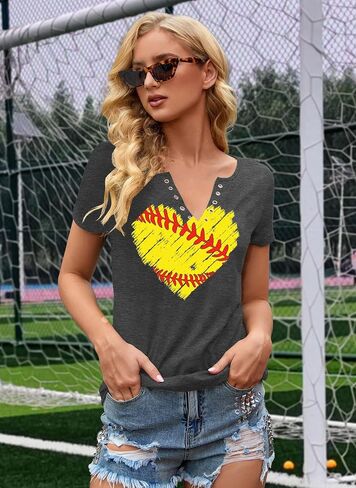 Baseball Shirt Women: Game Day Shirts Baseball V Neck Tshirt Gameday T Shirt Baseball Short Sleeve Tops in Saudi Arabia