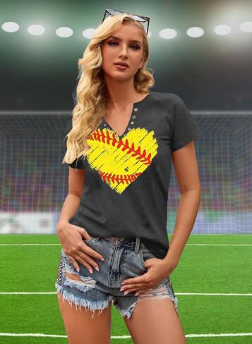 Baseball Shirt Women: Game Day Shirts Baseball V Neck Tshirt Gameday T Shirt Baseball Short Sleeve Tops in Saudi Arabia
