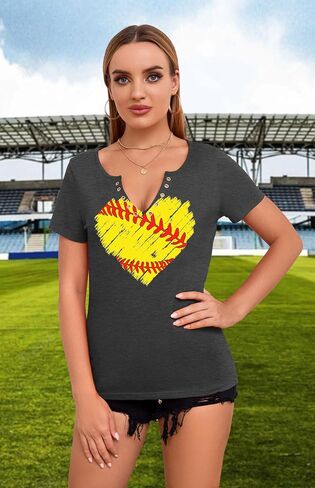 Baseball Shirt Women: Game Day Shirts Baseball V Neck Tshirt Gameday T Shirt Baseball Short Sleeve Tops in Saudi Arabia