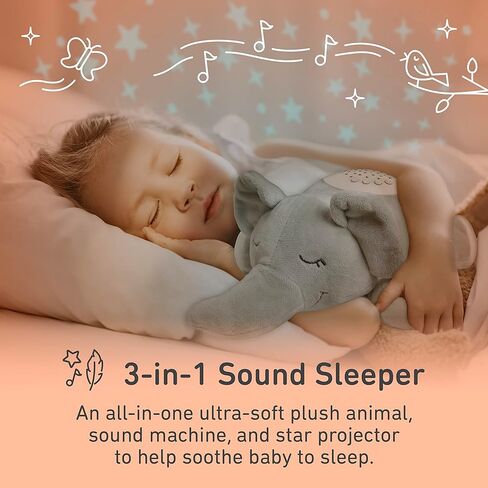 PureBaby Sound Sleepers Portable Sound Machine & Star Projector - Plush Sleep Aid for Baby and Toddlers with Soothing Night Light Display, 10 Lullabies, White Noise, and Heartbeat Sounds (Elephant) in Kuwait