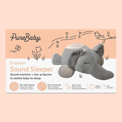 PureBaby Sound Sleepers Portable Sound Machine & Star Projector - Plush Sleep Aid for Baby and Toddlers with Soothing Night Light Display, 10 Lullabies, White Noise, and Heartbeat Sounds (Elephant) in Kuwait