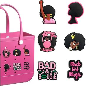Hikkcos 6Pcs Pink Black Girl Charms for Bogg Bag Clips Insert Bogg Bag Accessories for Women Totes, Bag Charms for Simply Southern Totes,Rubber Tote Bag