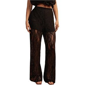 SOLY HUX Women's Plus Size Lace Mesh Pants High Waisted Sheer Flare Leg Party Pants Clubwear