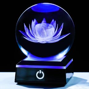 YWHL 80mm 3D Engraving Lotus Flower Figurine Crystal Ball with Light Base, Lotus Flower Crystal Ball Lamp Home Decor, Crystal Lotus Flower Gifts for Women Decorative Glass Ball Paperweight