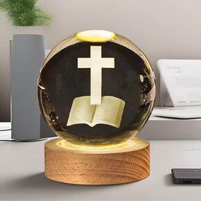 كرة كريستال كروس ثلاثية الأبعاد مع قاعدة خشبية ، 2.4 بوصة ليزر محفور زجاجي LED LIGH