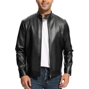 Fahsyee Leather Jacket Men Lightweight Motorcycle Jackets Men's Stand Collar Bomber Coat with Pockets and Zip