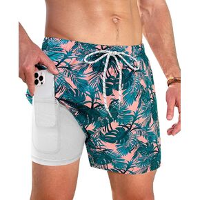 Swim Trunks Mens 5 Inch Inseam Compression Liner Short Men Bathing Suit Lined Swimming Shorts Men's Swim Suits