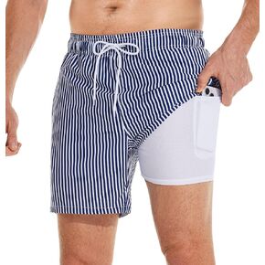 Mens Swim Trunks with Compression Liner Quick Dry Bathing Suit with Zipper Pockets Lightweight Beach Shorts