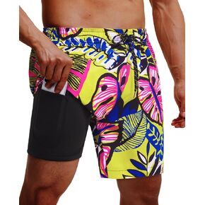 Men's Swim Trunks 7 Inch with Compression Liner 2 in 1 Swim Shorts Stretch Quick Dry Bathing Suits with Pockets