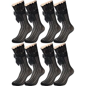 4 Pairs Little Girl Knee High Socks Kids Lace Long Socks with Bow Ruffle for The First Communion 5-12 Years Old