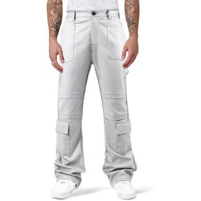 GINGTTO Mens Faux Leather Cargo Pants Flared Bell Bottoms with Pockets for Men 70s Party Pants