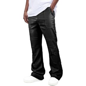 GINGTTO Mens Faux Leather Cargo Pants Flared Bell Bottoms with Pockets for Men 70s Party Pants in Kuwait