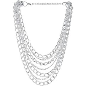 COOLSTEELANDBEYOND Layered Chunky Link Chains Necklace Multi-Strand Bold Necklace Statement Necklace Waterfall Punk Rock