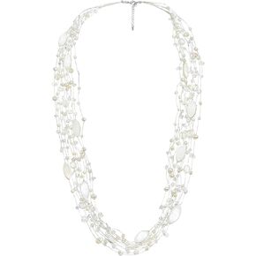 AeraVida Iridescent Layers of Cultured Freshwater Pearls, Seashell, and Mixed Stones on Silk Rope Multi-Strand Boho Chic Long Necklace