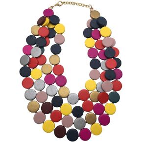 Statement Multicolor Wood Bead Chunky Layered Necklace For Women Multi Layer Color Wooden Beaded Bib Long Strand African Necklace For Women Fashion Jewelry Costume (Multicolor)