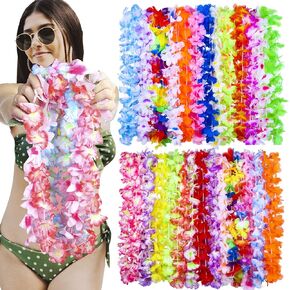 100 PCS Hawaiian Leis for Luau Party Hawaii Leis Bulk Collfull Silk Flower Necklace Netclace Tropical Hula Decor