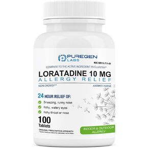 Puregen Labs Allergy Relief, Loratadine 10mg, 100 Tablets – 24 Hour Non-Drowsy Antihistamine Allergy Medicine for Runny Nose, Sneezing, Itchy, Watery Eyes