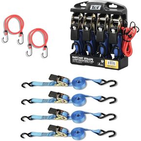 TCE 15 Foot Ratchet Tie Down Straps, 500 lb Load Limit/1500 lb Break Strength, Blue, 4 PCS