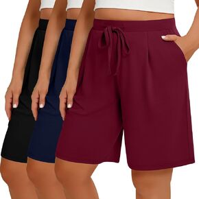 Huukeay 3 Pack Women's Plus Size Bermuda Shorts Casual Knit Drawstring Knee Length Walking Shorts with Pockets