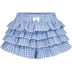 Women's Y2K Gingham Short Elastic Waist Bow Knot Shorts Tiered Layer Ruffle Mini Shorts