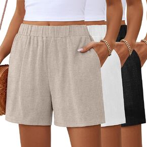 Ficerd 3 Pack Women's Casual Linen Shorts,Pleated High Waist Wide Leg Summer Elastic Comfy Trendy Shorts with Pockets