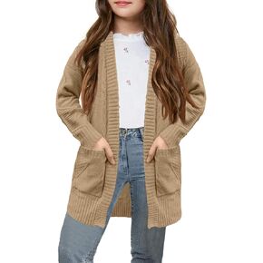Girls Open Front Cardigan Midi Length Long Sleeve Knit Sweater School Uniform Sweater Outwears with Pockets 5-14 Years