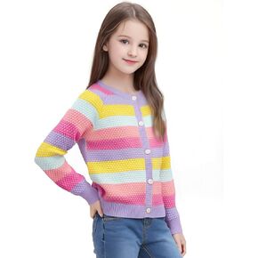 Danny D Girls Ombre Cardigan Kids Rainbow Sweater Striped Button Up Long Sleeves Knitwear Open Front Crew Neck Tops