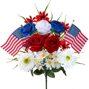 Sggvecsy Patriotic Artificial Flowers Memorial Bouquet Fake Red White and Blue Cemetery Flowers with American Flags Roses Daisy for Grave 4th of July Memorial Day Independence Day Veterans Decoration