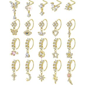 20Pcs 20G 316L Stainless Steel Dangle Nose Ring for Women Men L Shaped Dangling Nose Stud Cute Heart Moon Star Nose Hoop Set CZ Flower Leaf Butterfly Dangle Nose Piercing Jewelry